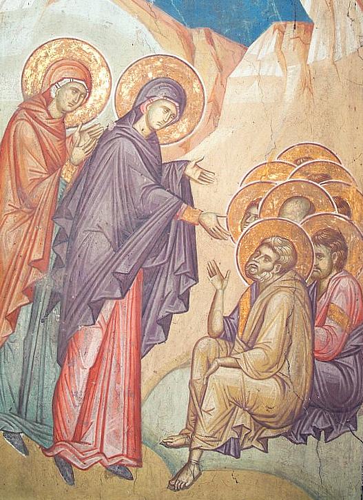 Maria Magdalena propovăduind Apostolilor Învierea, frescă Decani, s14 IN