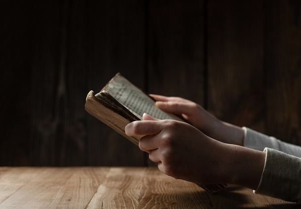 Female hands reading the old book Bible