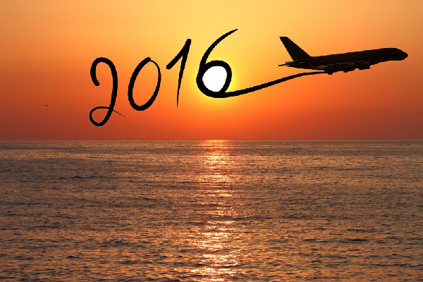 New year 2016 drawing by airplane on the air at sunset